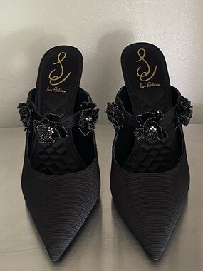 NEW-SAM EDELMAN WOMENS BLACK FLORAL JEWELED EMBELLISHED POINTED TOE MULES
